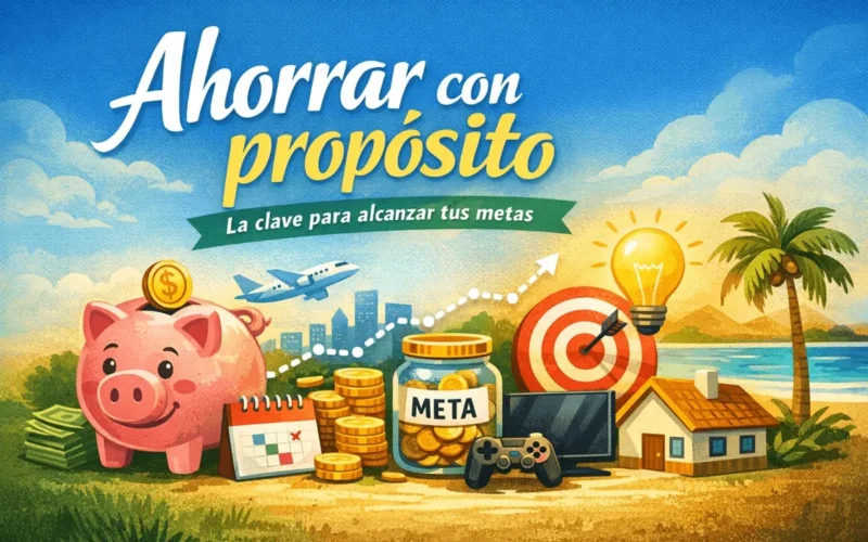 Ilustración de una alcancía de cerdito, monedas y un frasco con la palabra meta