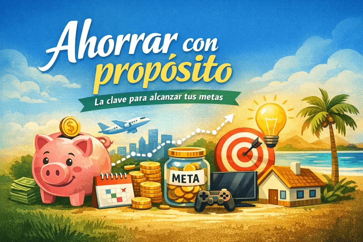 Ilustración de una alcancía de cerdito, monedas y un frasco con la palabra meta