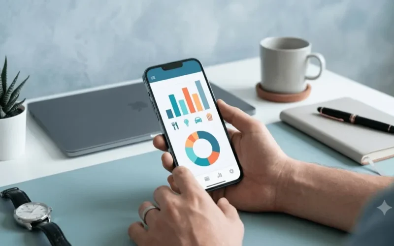Persona revisando en su celular gráficas de gastos por categoría