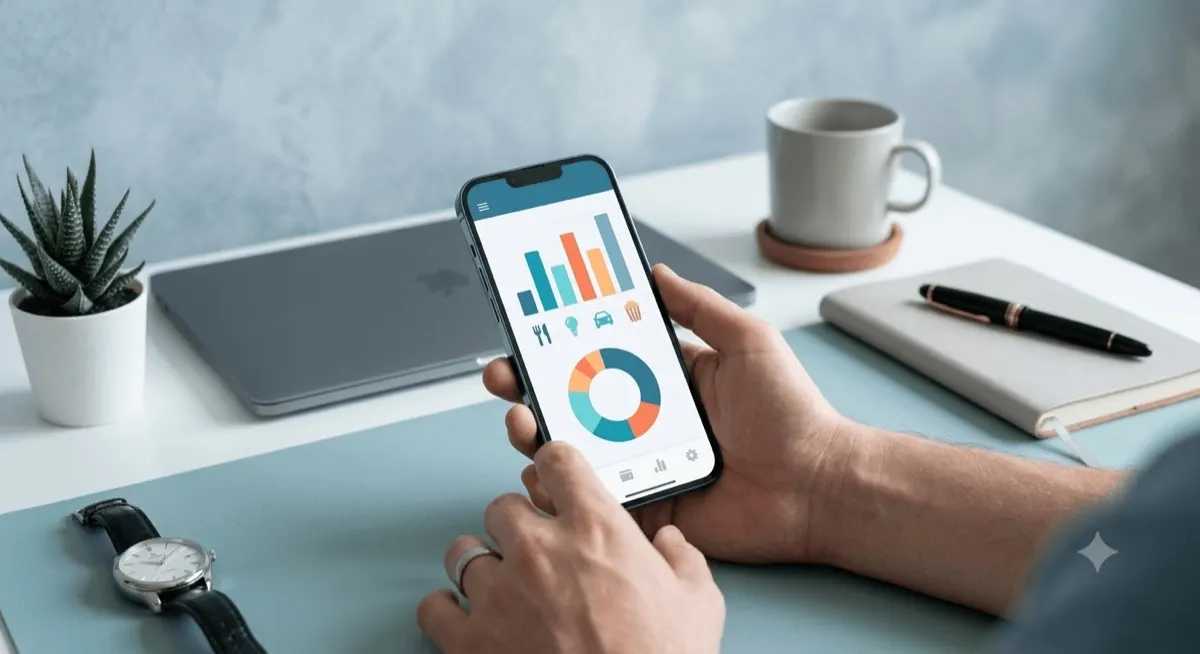 Persona revisando en su celular gráficas de gastos por categoría