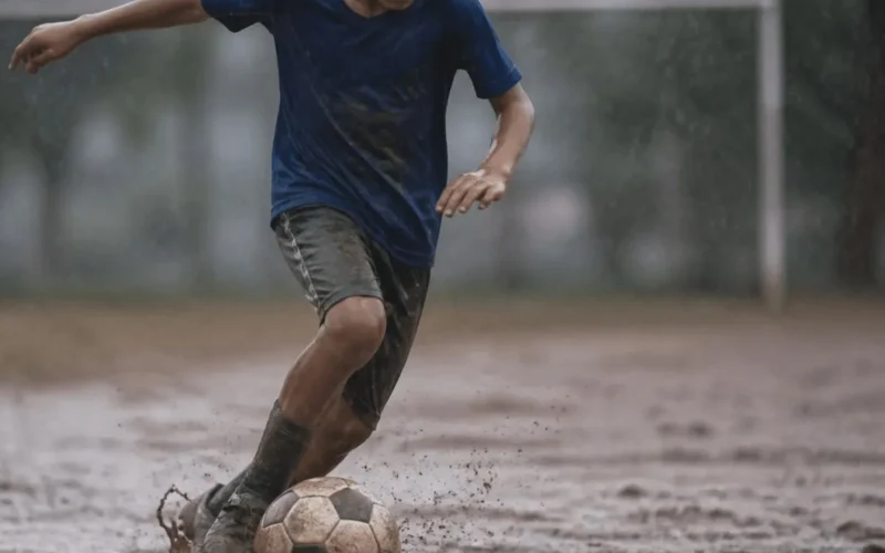 Niños jugando fútbol bajo la lluvia en una cancha de tierra de un barrio de Caracas
