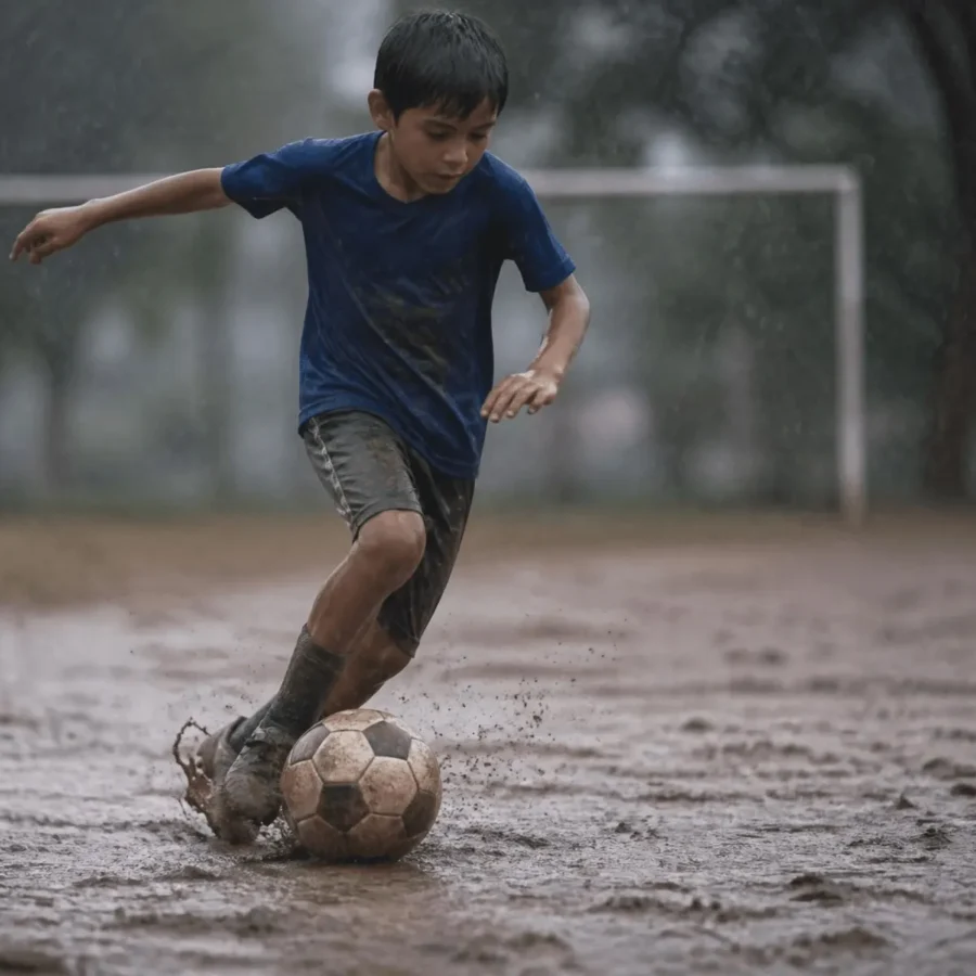 Niños jugando fútbol bajo la lluvia en una cancha de tierra de un barrio de Caracas