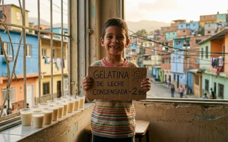 Niño vendiendo gelatinas con leche condensada en vasitos plásticos desde la ventana de su casa