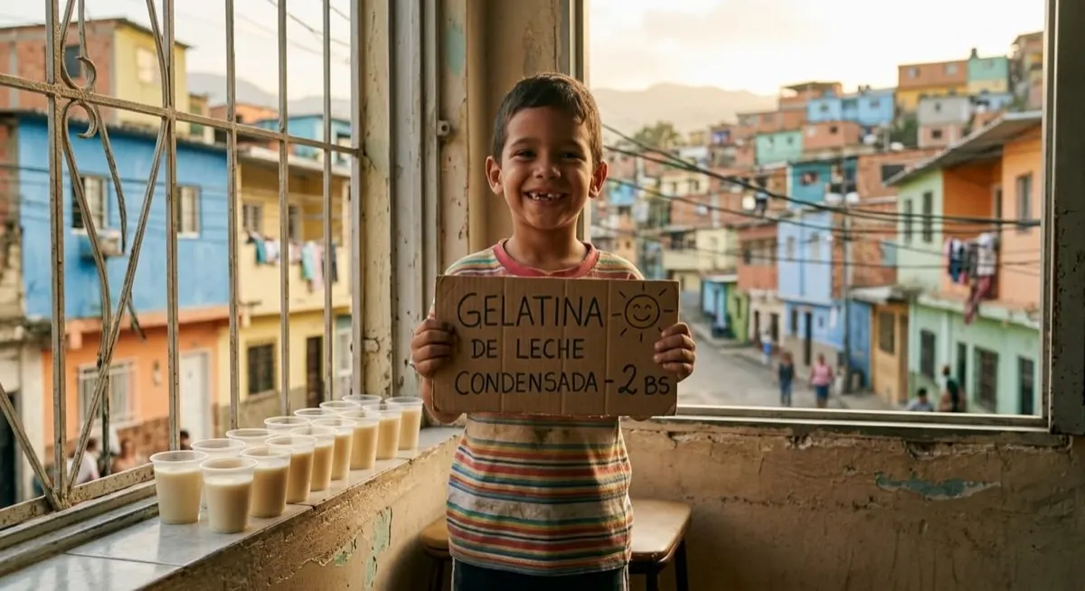 Niño vendiendo gelatinas con leche condensada en vasitos plásticos desde la ventana de su casa